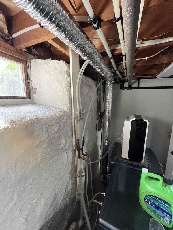 Completed comprehensive duct cleaning service as part of multi-system maintenance visit. Accessed and cleaned ductwork system throughout the property, including flexible metallic ducts in attic space with spray foam insulation. Provided estimate for dryer vent cleaning after inspecting the short, accessible run from the appliance area.