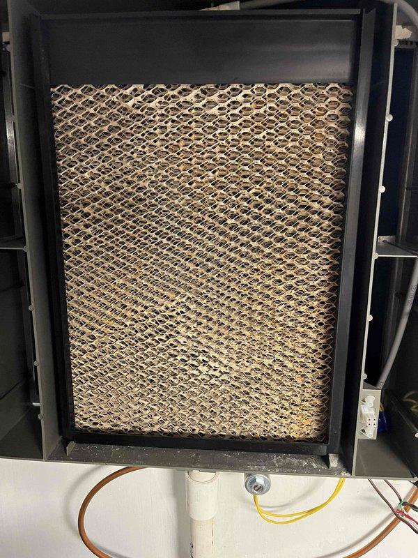 Completed annual Partner Plan heat inspection on furnace system. Found dirty filter and humidifier pad requiring replacement, along with evidence of previous water leak on exhaust piping above filter and under inducer assembly, though no active leaking was observed at time of service. Replaced humidifier pad and provided customer with estimate options for additional recommended repairs.