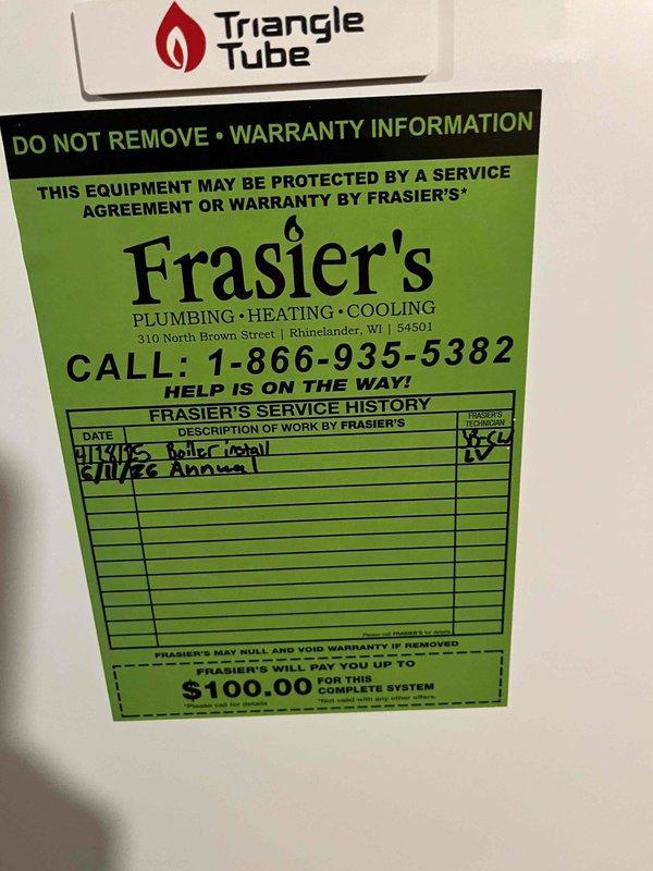 Completed prepaid annual maintenance inspection on Triangle Tube boiler system. Performed comprehensive partner plan inspection of all internal components, pressure switches, electrical connections, and mechanical systems. All equipment found operating within normal parameters with no deficiencies noted at this time.