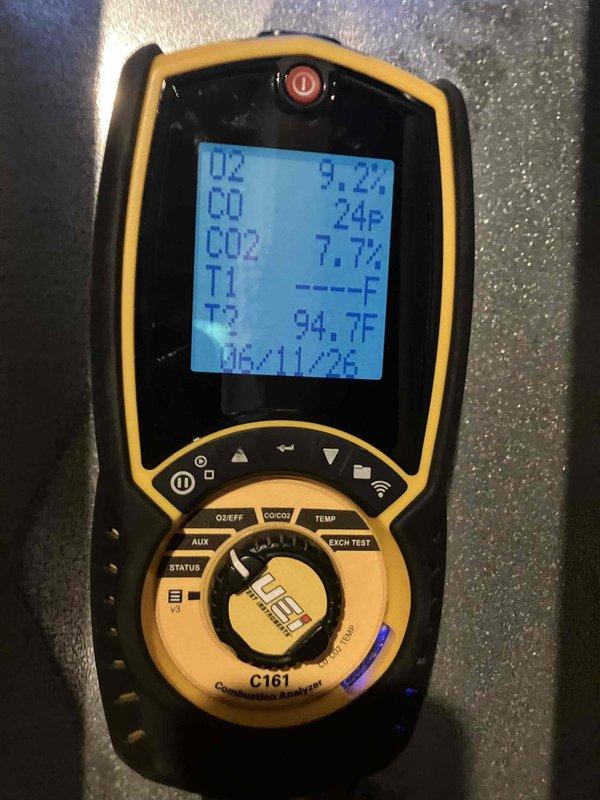 Completed annual heat inspection on 7-year-old furnace as part of prepaid maintenance plan. Inspected blower assembly and found slight dust accumulation on blower wheel; noted wear on flame sensor requiring monitoring. Performed combustion analysis using digital analyzer, recording oxygen levels at 9.2%, carbon dioxide at 7.7%, and stack temperature readings. Provided estimate for recommended services based on findings.