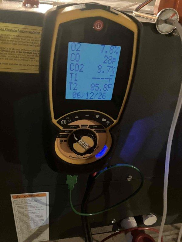 Completed annual heat inspection on furnace as part of prepaid maintenance plan. Performed comprehensive system evaluation including combustion analysis with readings showing CO2 at 8.7% and temperature measurements at 85.8°F, indicating proper combustion efficiency. Inspected blower assembly and squirrel cage fan, noting normal dust accumulation on housing components. All electrical connections and motor wiring verified secure. System operating within normal parameters with no deficiencies identified requiring immediate attention.
