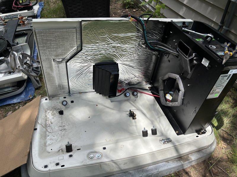Completed warranty replacement of failed generator motor on outdoor HVAC heat pump unit. Removed exterior access panel, disconnected electrical connections and mounting hardware, extracted defective motor assembly, and installed new OEM replacement motor. Reassembled unit with all components properly secured, verified electrical connections, and confirmed proper operation before closing access panel.