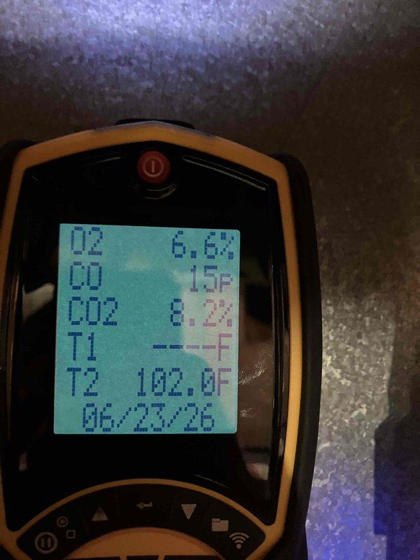 Completed prepaid annual maintenance on furnace system. Found dirty blower wheel with significant dust accumulation, wear on ignitor, burners, and inducer motor requiring monitoring. Performed combustion analysis with readings showing O2 at 6.6%, CO at 15 ppm, and CO2 at 8.2%. Documented blower assembly condition and provided estimate for duct cleaning services.