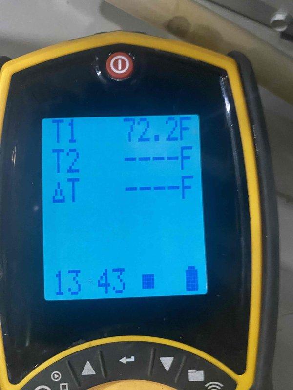 Responded to no cooling complaint on 3-year-old air conditioning system that was running continuously. Performed diagnostic testing and identified refrigerant leak as root cause of inadequate cooling performance. Completed leak repair and restored system to proper operation. Temperature measurements confirmed system returning to normal cooling parameters.