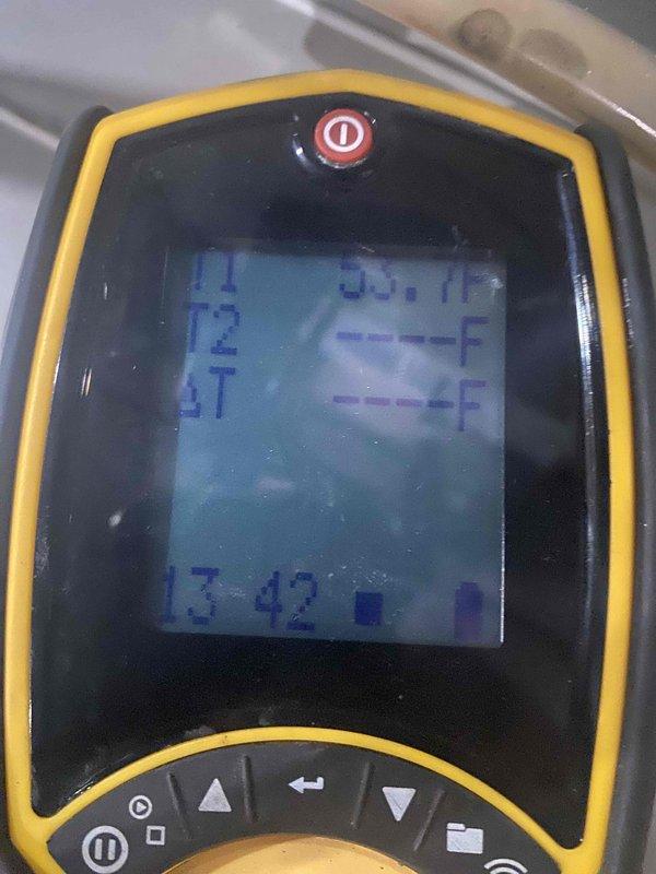 Responded to no cooling complaint on 3-year-old air conditioning system that was running continuously. Performed diagnostic testing and identified refrigerant leak as root cause of inadequate cooling performance. Completed leak repair and restored system to proper operation. Temperature measurements confirmed system returning to normal cooling parameters.