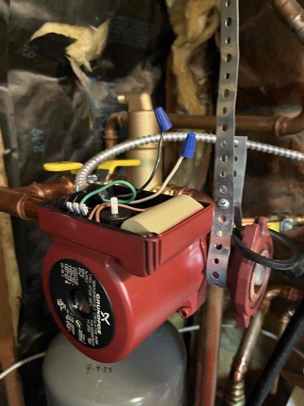 Initiated boiler room repipe to address corroded piping throughout the system. Installed new circulator pump with copper piping connections and completed partial zone manifold piping replacement. Unable to complete full repipe due to missing Taco zone valve fittings; additional corroded ceiling fittings also require replacement. System still requires antifreeze installation and air purging upon completion. Parts list compiled and submitted for return trip to finish zone manifold connections and finalize repipe work.