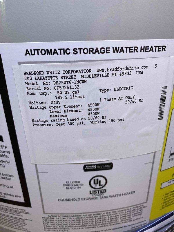 Installed a new Bradford White 50-gallon electric water heater, model RE250T6-1NCWW, rated at 240V with dual 4500W heating elements and 150 psi working pressure. Performed water line alterations including copper pipe reconfiguration with brass fittings and proper pressure relief valve assembly. Replaced the right basket strainer assembly in the kitchen sink to restore proper drainage function.