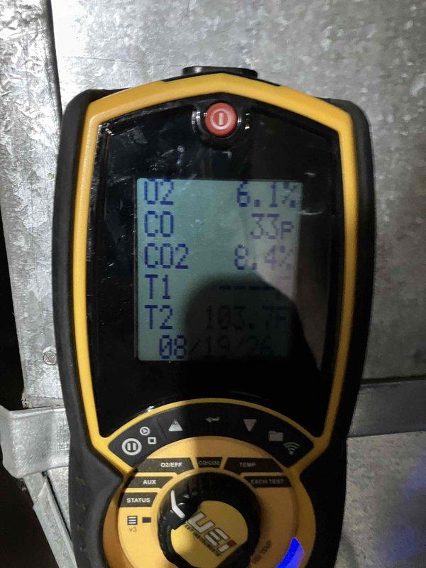Completed annual heat inspection on 15-year-old furnace as part of prepaid maintenance plan. Performed comprehensive system evaluation including combustion analysis, which revealed oxygen levels at 6.1%, CO2 at 8.6%, and carbon monoxide readings within acceptable parameters. Inspected blower wheel assembly and confirmed proper operation with no significant debris accumulation or mechanical wear. Conducted duct cleaning service to remove accumulated dust and debris from ductwork system, improving airflow efficiency and indoor air quality.