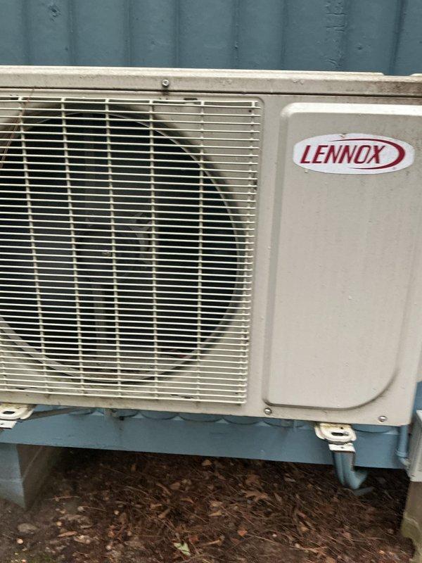 Completed annual maintenance inspection on 8-9 year old Lennox mini-split system. Performed routine tune-up procedures, inspected outdoor condenser unit, verified system operation, and documented equipment condition with photos. No issues found; system operating within normal parameters.