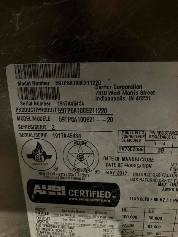 Completed comprehensive tune-up and inspection on 13-year-old Carrier 59TP6A100E211220 furnace (manufactured May 2017, serial 1917A45434) that had not been maintained since 2017. Performed combustion analysis revealing 5.8% O2, 8.9% CO2, and stack temperature of 93°F, indicating proper burner operation and efficiency. Unit passed all safety checks with no deficiencies found; provided duct cleaning estimate to customer for future consideration.