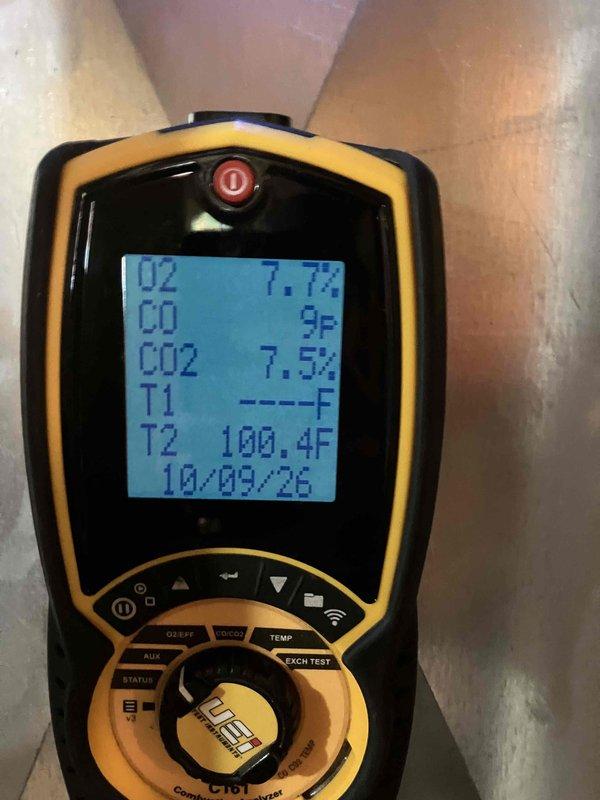 Completed annual preventative maintenance inspection on furnace system. Performed combustion analysis testing showing oxygen levels at 7.7%, carbon dioxide at 7.5%, and temperature readings within normal operating parameters. Inspected ductwork and system components, confirmed all equipment operating properly with no issues identified during visit.