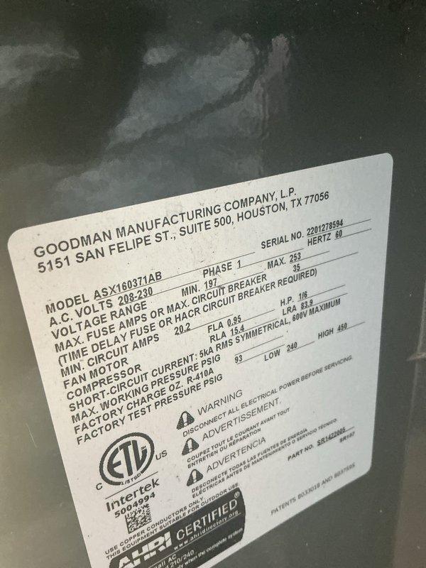 Completed annual maintenance inspection on 26-year-old Goodman ASX160311AB air conditioning unit utilizing R-410A refrigerant. Performed comprehensive system evaluation including electrical connections, refrigerant pressures, and thermostat operation verification. Identified and documented need for saddle valve replacement on humidifier system for future service.