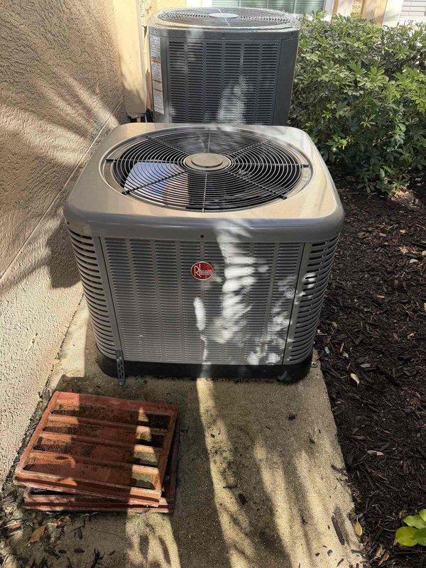 Responded to service call for water leak on HVAC system. Upon inspection, identified condensate drainage issue at indoor air handler unit located in utility closet. Cleared condensate drain line obstruction and verified proper drainage flow through PVC piping system. Inspected condensate pump operation and confirmed functionality. Checked both indoor air handler and outdoor Rheem condensing unit for proper refrigerant levels and system operation. Verified all connections, fittings, and drain components were secure and leak-free. System tested and returned to normal operation with no further water leakage observed.