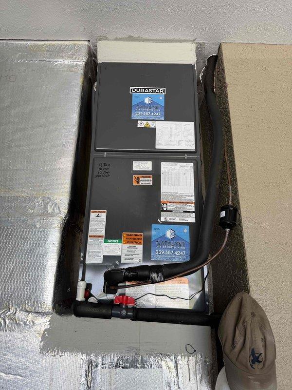 Responded to no cooling call where system was non-operational due to thermostat failure. Customer had temporarily connected an old thermostat after dropping the original unit in water, resulting in loss of power to the system. Diagnosed thermostat as cause of AC shutdown. Restored system to proper working condition by addressing the thermostat power issue and verifying operation of both the indoor Durastar air handling unit and outdoor condensing unit.
