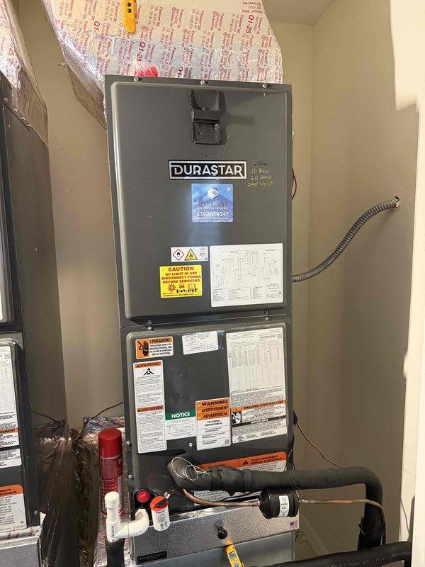 Naples, FL - Completed second routine maintenance visit of four scheduled appointments under 2 Year Catalyst Membership for two HVAC systems. Performed comprehensive inspection and maintenance on outdoor condensing unit and indoor DURASTAR vertical air handler. Documented equipment conditions through photographs showing proper installation, safety labels, and operational components. Mini split system maintenance deferred to scheduled October service date per maintenance agreement timeline.