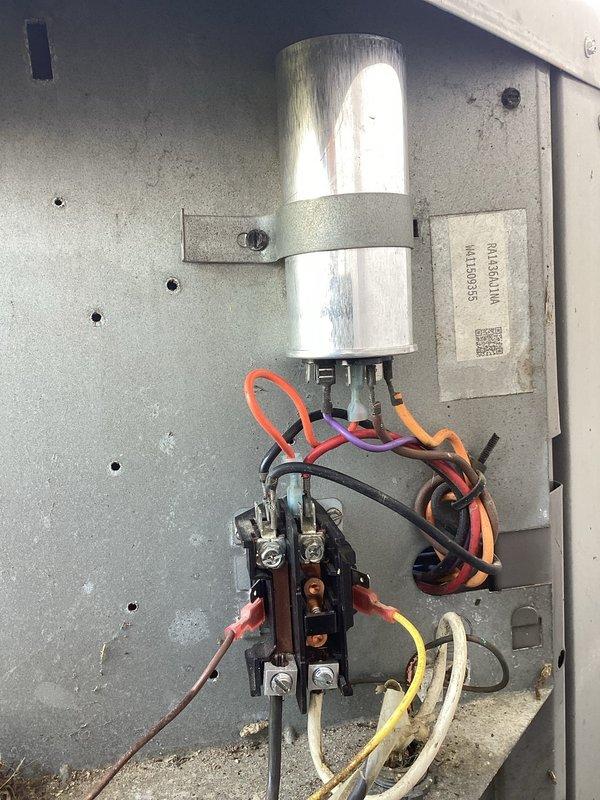 Replaced failed dual run capacitor and contactor in outdoor condensing unit. Installed new components, verified all electrical connections were secure, and tested system operation to confirm proper functionality.