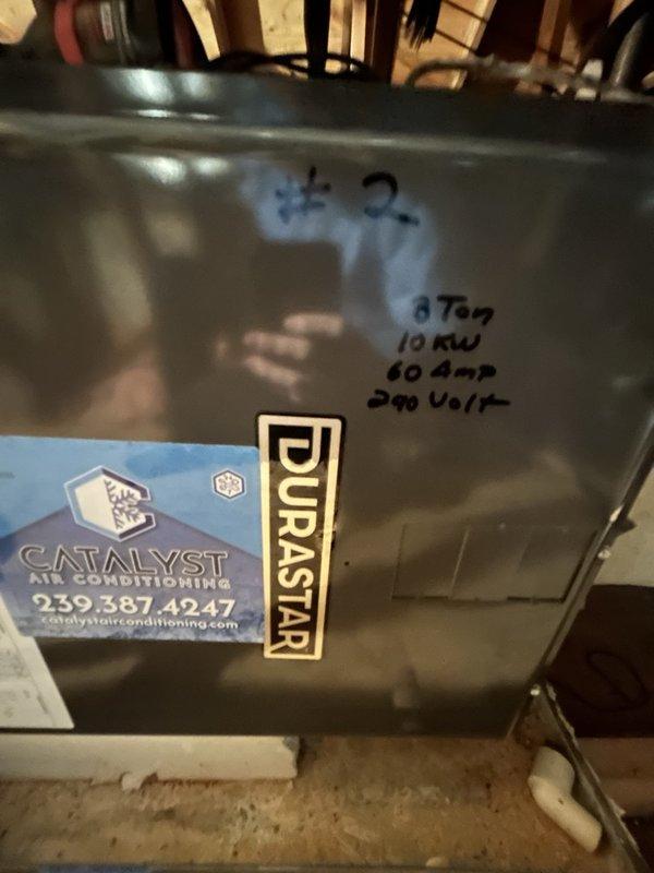 Completed first quarterly maintenance visit of 2-year Catalyst membership on newly installed HVAC system. Performed routine preventive maintenance inspection on 8-ton Durastar unit rated at 10KW, 60 Amp, 208 Volt, documenting equipment specifications and conditions with photographic records for service history.