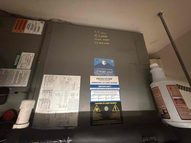 Fort Myers, FL - Responded to service call for offline thermostat. Upon arrival, inspected 3.5 ton, 15.2 SEER air handler unit with 10kW heat strips installed in attic space. Verified power supply to unit and confirmed 60 amp electrical service was functioning properly. Troubleshot thermostat communication issue and restored system connectivity. Tested all system functions including heating and cooling operations to ensure proper performance. System returned to normal operation with thermostat displaying correct status and responding to temperature adjustments.