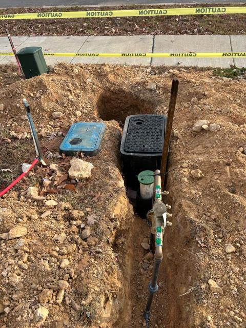 New irrigation meter split and a double check valve backflow preventer on an existing domestic water service. Done at Hearthstone Luxury Homes in Wake Forrest. Looks fantastic! 