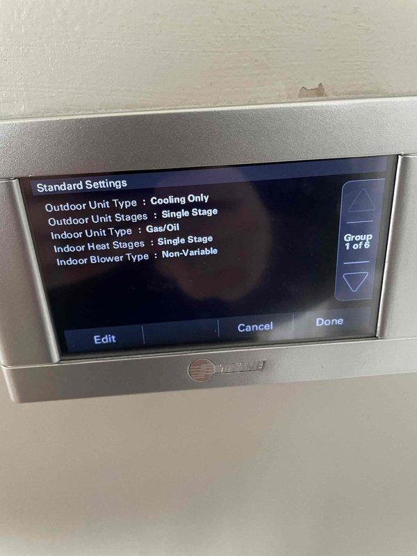 Responded to no heat complaint on Trane HVAC system. Discovered incorrect thermostat settings with "Cooling Only" selected for outdoor unit type. Reconfigured control parameters to enable heating function and verified proper operation of gas furnace. System now functioning normally with no banging sounds or water issues present.