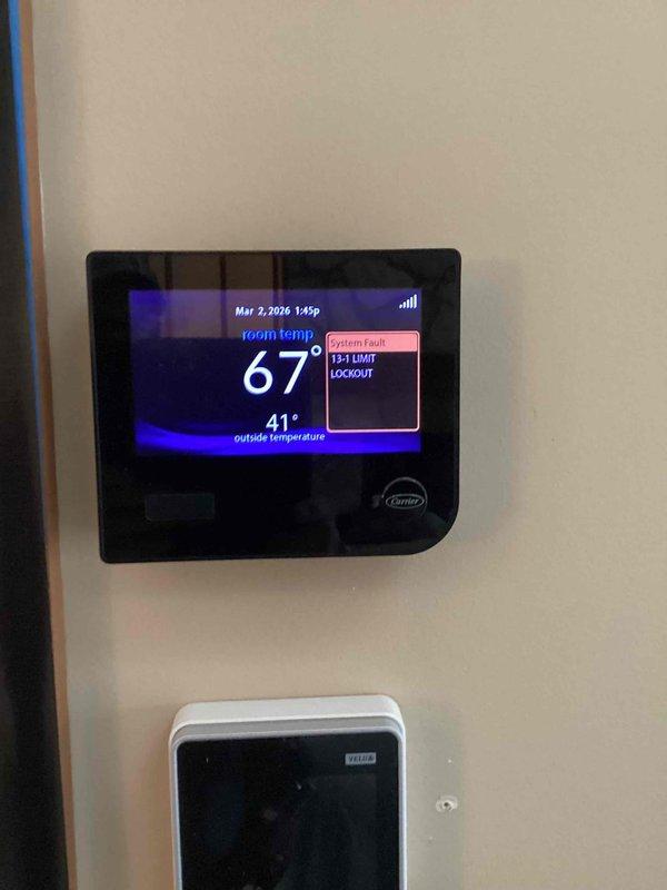 Responded to limit lockout issue on a 2-year-old system that has persisted since installation. Inspected electrical components and wiring connections at the control board, confirming proper function. Verified thermostat operation showing correct temperature readings and confirmed the "LIMIT LOCKOUT" error message. Resolved the recurring issue by adjusting the limit switch settings to prevent future lockouts.