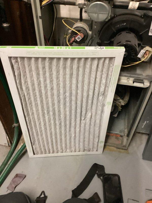 Performed scheduled heating tune-up on basement furnace. Inspected air filter and found it to be in acceptable condition. Investigated customer's concern about increased system noise during operation; confirmed proper function of all components but recommended monitoring as the unit ages.