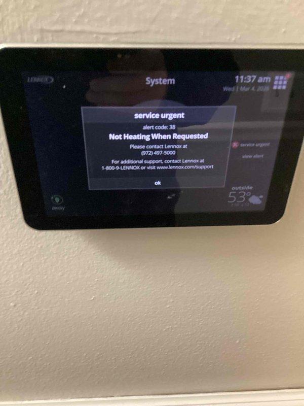 Responded to service call for thermostat displaying "Alert Code: 28 - Not Heating When Requested" error and indicating low secondary 24VAC voltage. Diagnostic testing confirmed voltage issue with transformer. Replaced faulty transformer and verified proper system operation with the Lennox thermostat now functioning normally.