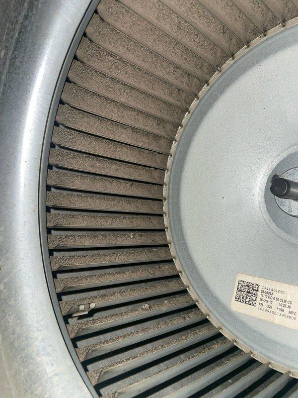Performed cooling tune-up on 9-year-old AC system. Inspected and cleaned heavily soiled blower wheel assembly which had significant dust accumulation affecting performance. Serviced interior components of the furnace unit, checking electrical connections and control components for proper operation.