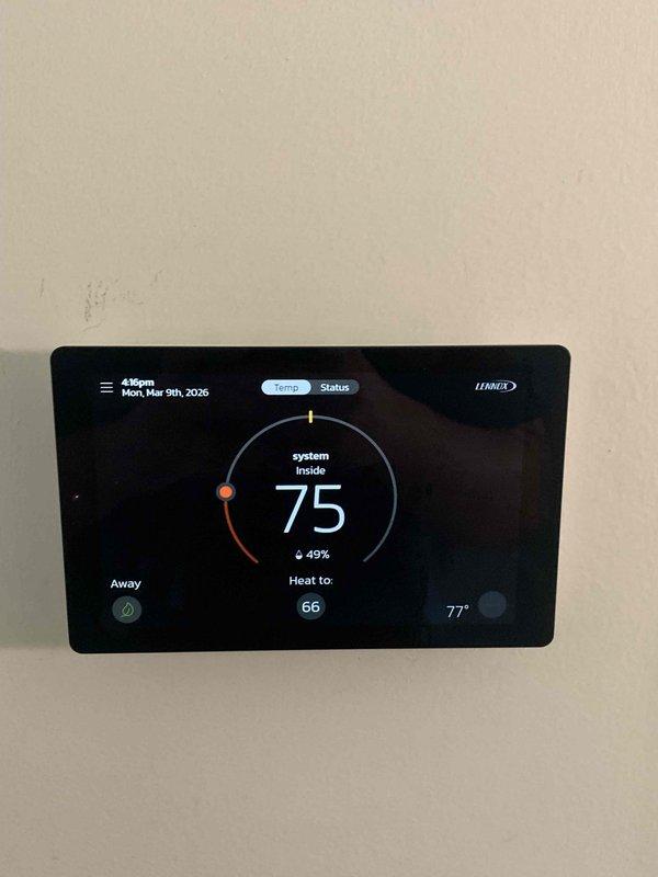 Responded to service call for thermostat connectivity issue where system was unable to reconnect to network. Diagnosed and successfully reconnected Lennox S40 Smart Thermostat to customer's "Wildflower" Wi-Fi network, restoring full functionality including heat settings and remote access capabilities. System now operating normally with proper communication between thermostat, router, and connected devices.