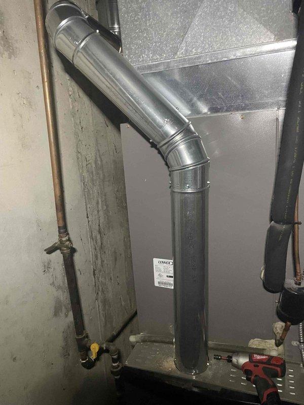 Replaced deteriorated 4" flue pipe and tee on Lennox furnace system, installing new components including 2-4" elbows, 6x4x3 flue tee, and 12ft of 4" flue pipe to restore proper venting and ensure safe operation of heating system.