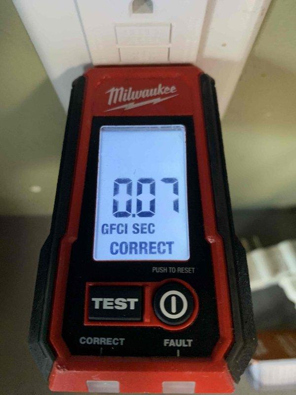 Conducted comprehensive electrical home audit, including inspection of the Milbank electric meter installation and verification of GFCI outlets. Testing confirmed proper GFCI functionality with "GFCI SEC CORRECT" reading on Milwaukee electrical tester, ensuring home safety compliance.