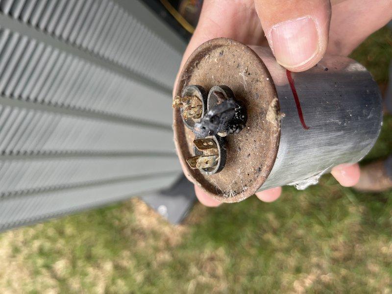 Responded to no-cooling complaint on 10+ year old residential AC unit. Diagnostic inspection revealed severely corroded and burnt terminals on the motor run capacitor. Replaced failed capacitor, restoring proper system operation and cooling function.