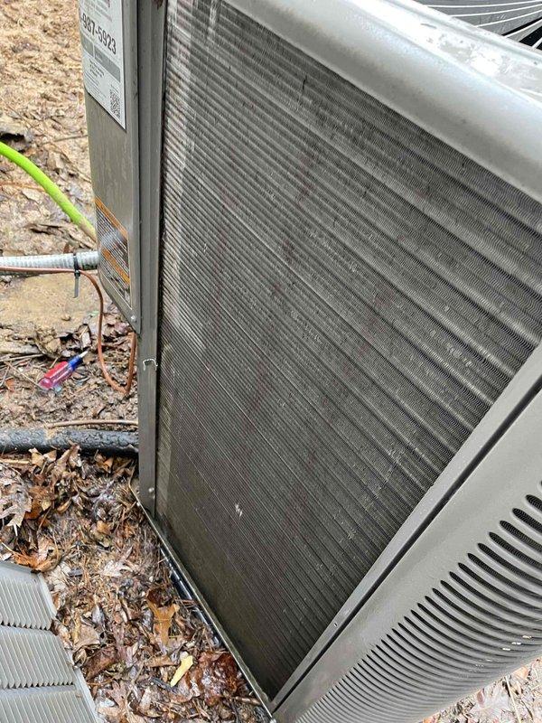 Performed routine cooling tune-up on a 10-year-old air conditioning unit located in backyard. Inspected and replaced air filter with new pleated filter to ensure proper airflow. Noted condenser coil had accumulated dust and debris which was cleaned to improve system efficiency and performance.