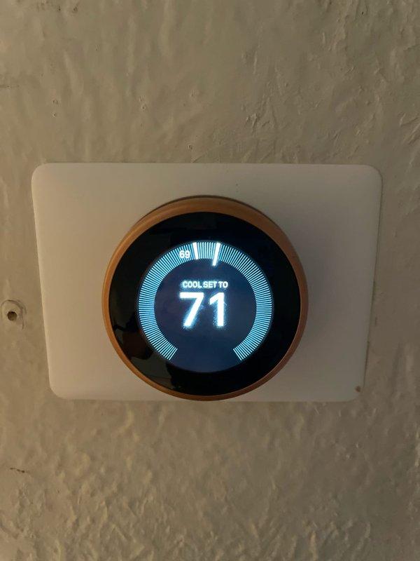 Responded to no-cool complaint for 4-year-old upstairs HVAC unit. Inspected system and found the thermostat functioning normally, set to cooling mode at 71°F. Verified Easy Switch SS2 control module was operational with proper indicator light activity, restoring cooling function to the system.
