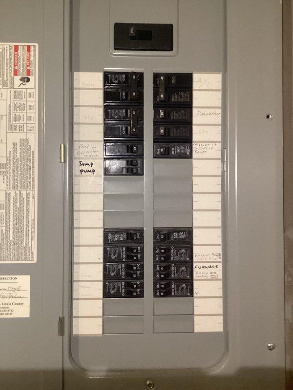 Completed complimentary electrical inspection of residential service panel. Observed standard breaker configuration with visible circuit labeling, including dedicated circuits for critical systems (sump pump, furnace). Panel shows signs of aging with oxidation on bus bar and congested wiring that could benefit from organization, but no immediate safety concerns were identified.