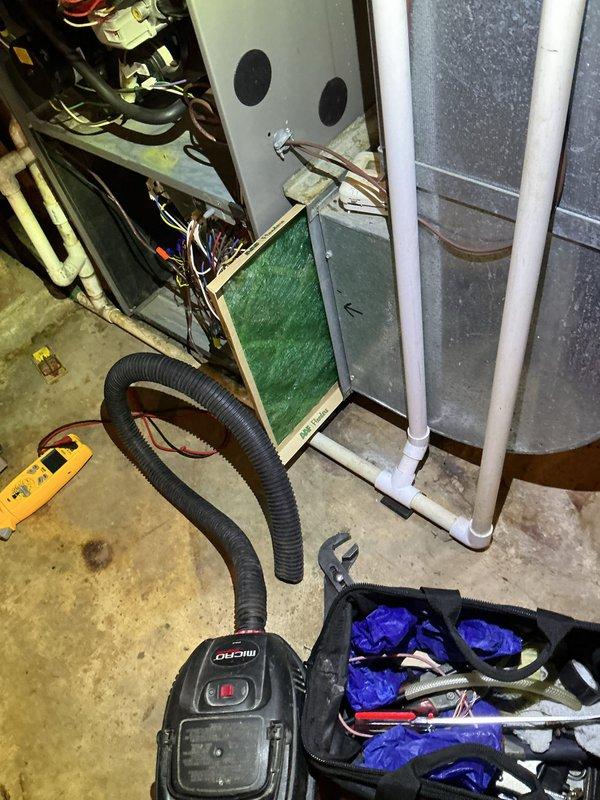 Performed comprehensive heating tune-up on 9-year-old basement furnace, including inspection of electrical components, wiring connections, and control boards. Checked and verified proper operation of Emerson thermostat (currently reading 73°F) and confirmed system cycling. Filter was inspected and appears to be in good condition with minimal buildup.