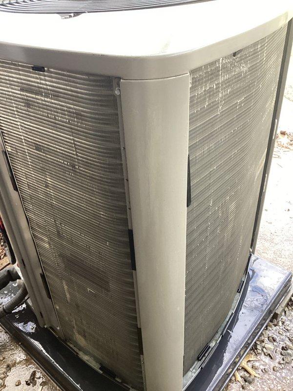 Performed scheduled maintenance on single HVAC system with two basement units (Home Depot service #F57352378). Inspected and documented condition of MERV 10 air filter (20x25x5) and outdoor condensing unit. Observed condensing unit with minor dirt accumulation but in functional condition with proper drainage on gravel base.