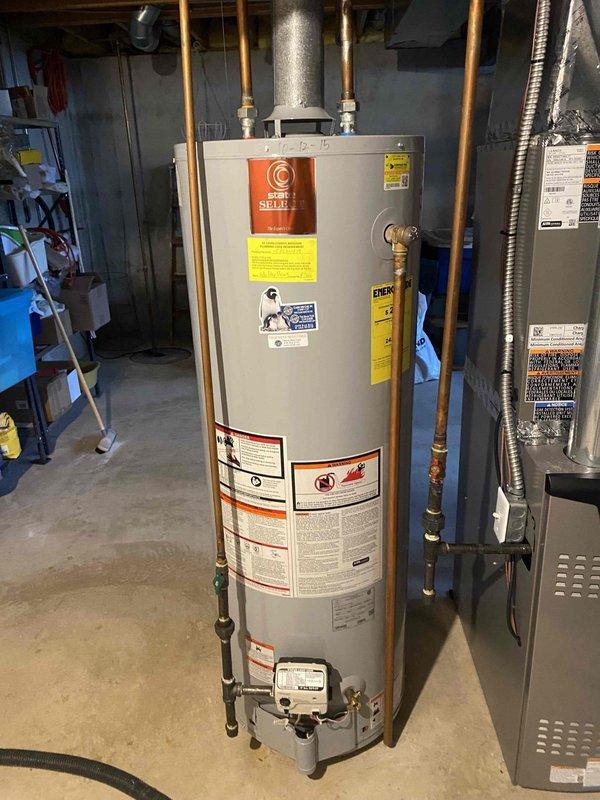 Successfully installed a 40-gallon tall gas water heater in the basement per permit #26PLU-05166. Completed all necessary connections to existing copper piping and verified proper operation. Applied required ID sticker as specified in the service order.