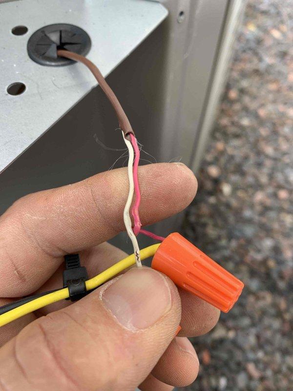 Responded to warranty service call for no cooling complaint on a single outdoor unit. Diagnosed and repaired faulty thermostat wiring connections, replacing damaged wire nuts and ensuring proper wire configuration. System restored to normal operation after rewiring and testing cooling function.