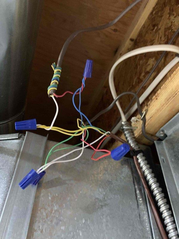 Responded to warranty service call for no cooling complaint on a single outdoor unit. Diagnosed and repaired faulty thermostat wiring connections, replacing damaged wire nuts and ensuring proper wire configuration. System restored to normal operation after rewiring and testing cooling function.