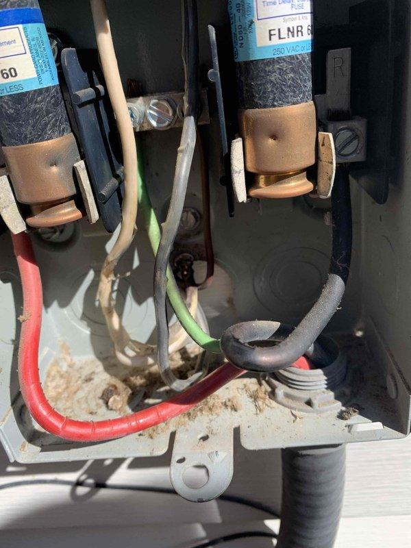 Responded to U10 "No Cool" service call. Upon inspection, found significant corrosion on condensate drain and signs of water damage. Discovered blown fuse (60A FLNR 8, 250V) in electrical panel. Replaced fuse, cleaned drain line, and removed accumulated debris. System restored to proper cooling operation after repairs.