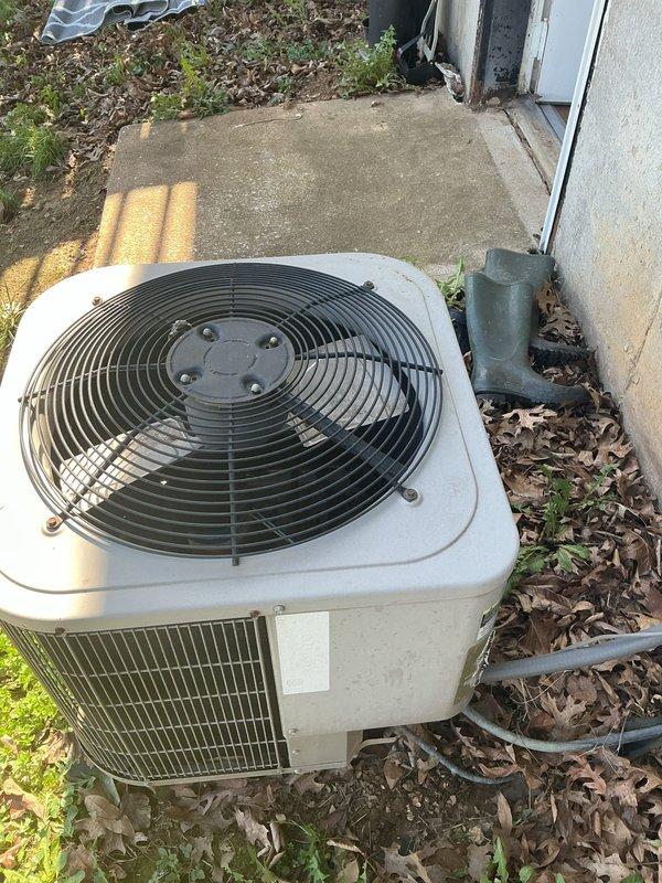 # HVAC Service Report - No Cooling

Responded to service call for outdoor condenser fan not operating. Upon arrival, inspected outdoor unit and confirmed fan motor failure preventing proper heat rejection from refrigeration system. Accessed air handler interior components and verified capacitor specifications at 7.5uf. Replaced failed condenser fan motor and tested system operation. Unit restored to proper cooling function with outdoor fan running at correct speed and condenser operating within normal parameters.