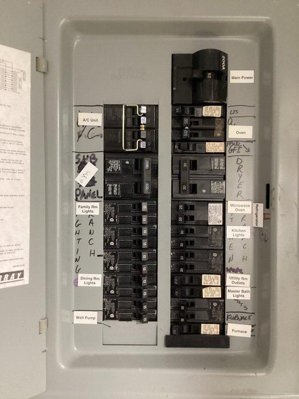 Completed comprehensive electrical safety inspection of residential service panels and distribution system. Documented dual-panel configuration with main breaker assembly and branch circuit distribution, verified proper circuit labeling including dedicated circuits for HVAC unit, well pump, kitchen appliances, and general lighting/receptacle loads. Photographed panel interior showing circuit organization and existing handwritten/printed circuit directory for homeowner reference and future maintenance planning.