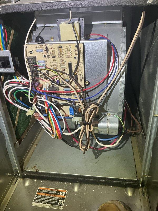 Responded to no cooling complaint on single outdoor unit. Upon arrival, found system blowing warm air. Performed diagnostic inspection of air handler and control components. Inspected electrical connections, control board, blower off delay circuit, and capacitor - all found in functional condition with normal operational wear. Examined air filter which showed significant dust and debris accumulation restricting airflow. Replaced dirty filter with new unit to restore proper system airflow and cooling efficiency. Verified all electrical connections secure and control board operating within parameters. System restored to normal cooling operation.