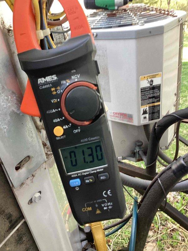 Responded to no cooling complaint on 10+ year old system with reported vibration. Performed diagnostic evaluation and temperature measurements at indoor evaporator coil, recording 57.5°F reading. Conducted electrical amperage testing at outdoor condensing unit using clamp meter, measuring 0.130 amps at compressor circuit. Identified system operational issues requiring repair recommendations. Discussed preventive maintenance agreement options with first-time customer for ongoing system protection.