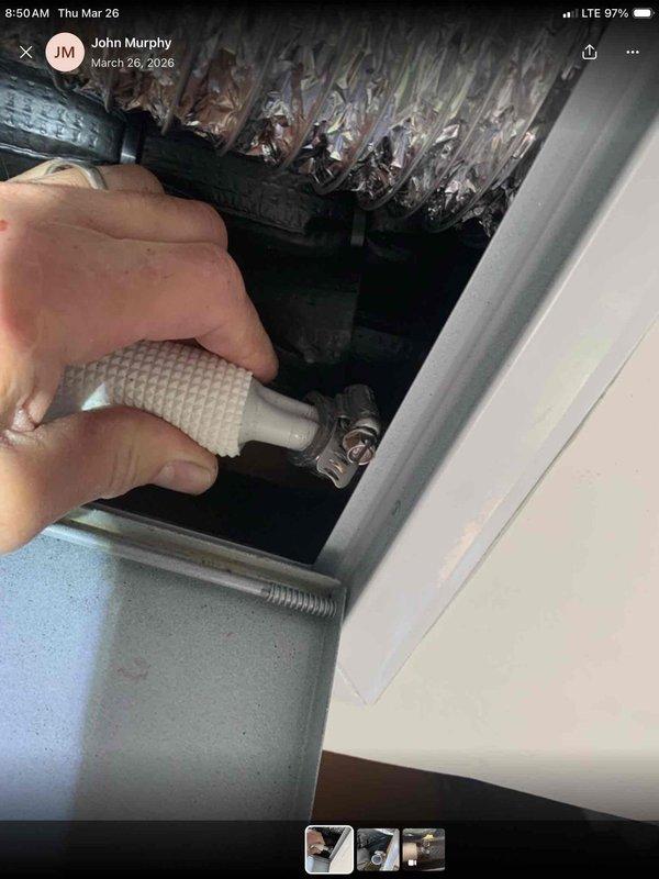 Responded to callback for malfunctioning mini-split system. Upon arrival, conducted thorough inspection of indoor air handler unit and associated components in attic space. Documented extensive moisture accumulation on refrigerant line insulation and condensate drainage system. Photographed damaged flex ductwork showing deterioration and discoloration, along with condensate drain line configuration including PVC elbow fitting. Inspected air handler cabinet and verified moisture issues affecting system operation. Completed comprehensive photo documentation of all damaged components and system conditions as requested, including close-up views of affected refrigerant lines, drain connections, and ductwork. Notified management of findings and provided visual evidence for warranty claim processing and further corrective action planning.