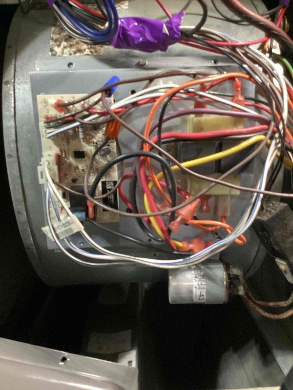 Replaced defective air handler control board to restore system operation. Removed failed control board, installed new replacement unit, reconnected all electrical wiring including thermostat connections and safety circuits, and verified proper system functionality. Tested heating and cooling modes with unit operating normally at completion, confirmed temperature readings, and disposed of defective control board per protocol.