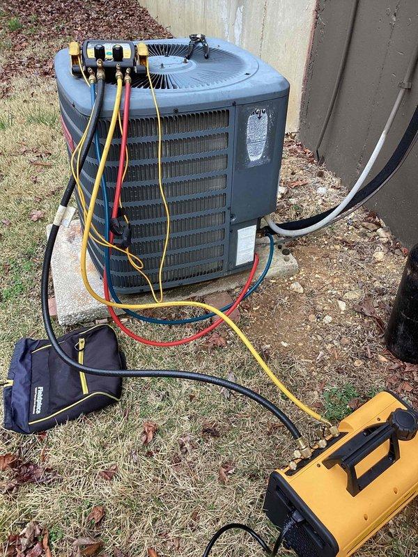 Replaced defective evaporator coil on residential HVAC system. Connected manifold gauges to outdoor condensing unit, performed refrigerant recovery, and installed new evaporator coil assembly. Evacuated system, recharged with proper refrigerant amount, and verified proper operation of both heating and cooling functions. Disposed of old coil per protocol and confirmed system operating within manufacturer specifications.
