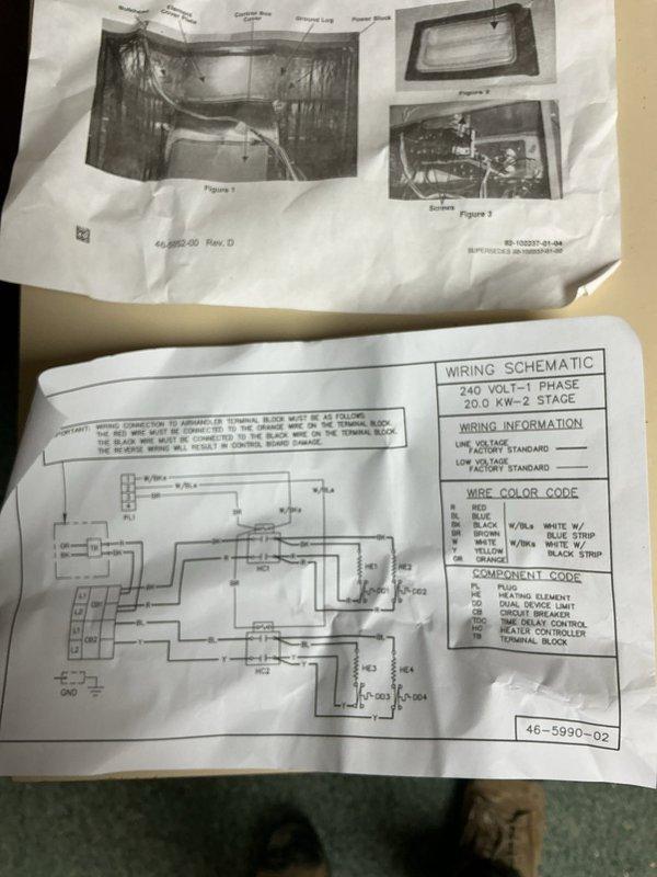 Responded to no heat call on a single-zone electric HVAC system. Upon inspection, accessed the unit's electrical cabinet and reviewed the 240V single-phase, 20KW 2-stage heating system wiring schematic and component layout. Performed diagnostic evaluation of the circuit breaker panel, blower assembly, and heating elements to identify the cause of insufficient heat output. Documented existing equipment configuration including capacitor, transformer, and control wiring for service records.