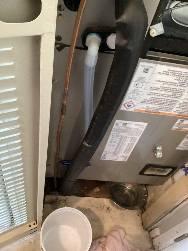 Responded to report of water leaking from under furnace in utility closet. Upon arrival, inspected less than one-year-old unit and surrounding area. Found active water accumulation requiring placement of collection bucket beneath affected area. Photographed condensate drain system including white PVC drain line, copper refrigerant lines, and black insulated piping for documentation purposes. Observed significant moisture damage to surrounding structural components including wooden framing members showing deterioration, dark staining, and possible mold growth from prolonged water exposure. Documented extent of water damage to building structure visible through access point. Placed absorbent material on base surface to manage immediate moisture concerns. System components including furnace cabinet, ventilation connections, and drain lines were assessed for proper installation and function.